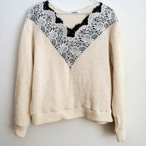 THE MOST Cream Ribbed Boxy Cropped Sweater w/ Black & White Layered Lace V Neck